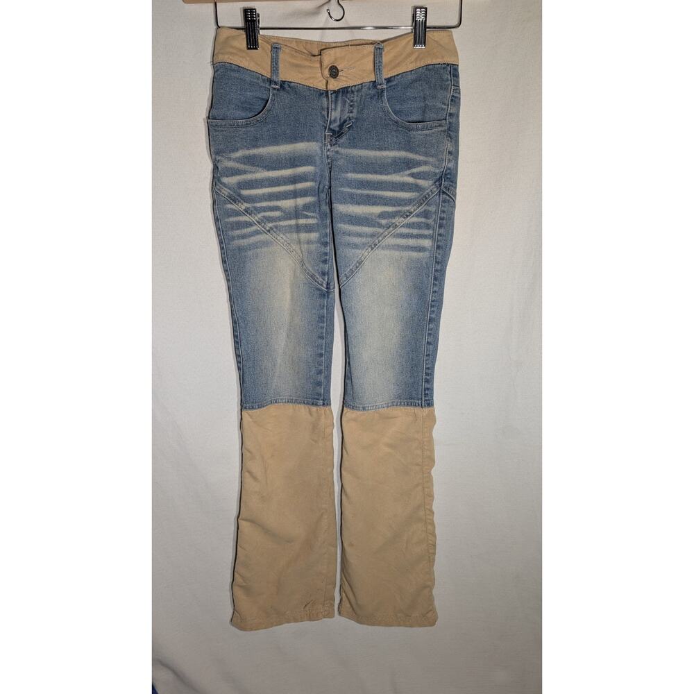 YOYO Vintage Juniors Low Rise Distressed Flare Jeans Sz 1 Faux Suede Western Y2K